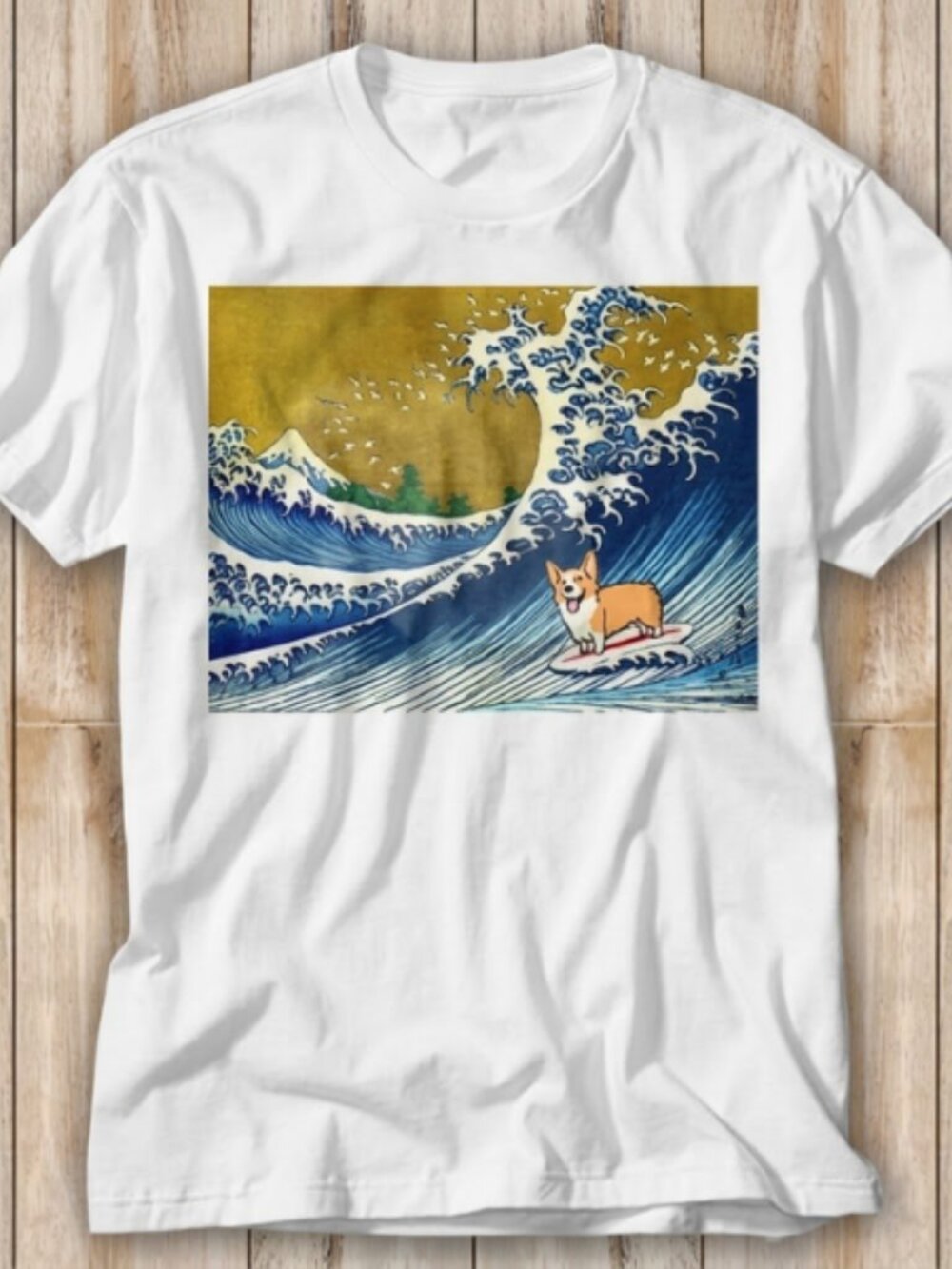 The Great Wave Off Kanagawa Surfing Corgi Dog T-Shirt